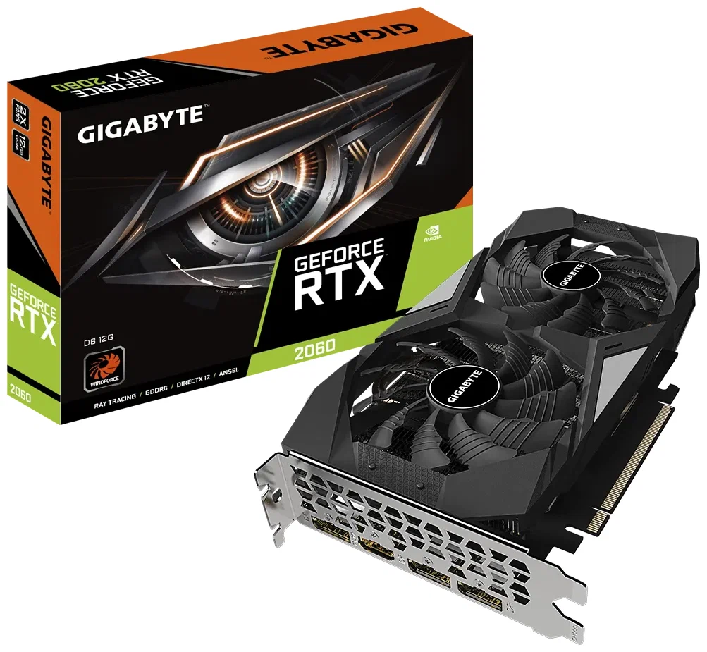 Видеокарта GIGABYTE NVIDIA GeForce RTX 2060 12 Гб GDDR6 192 бит PCIE 3.0 16x Memory 14000 МГц GPU 1650 МГц 1xВыход HDMI 1xВыход DisplayPort GV-N2060D6-12GD